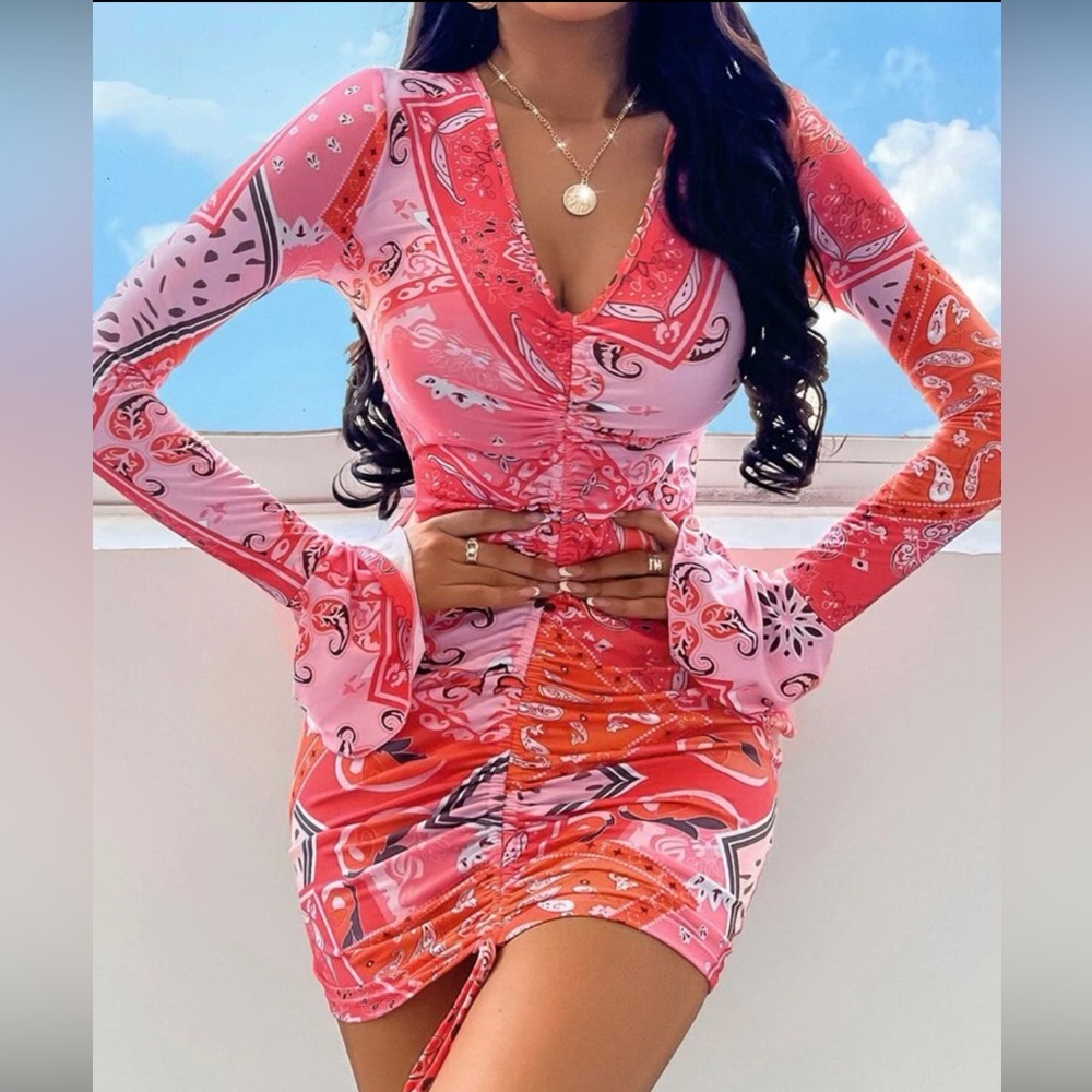 SHEIN SXY Paisley Scarf Print Drawstring Ruched Front Flounce Sleeve Dress